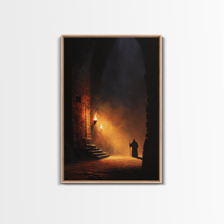 Torchlit Monk In Ancient Stone Arch Wall Art Dark Academia Canvas Print For Gothic Decor Medieval Hallway Art And Office