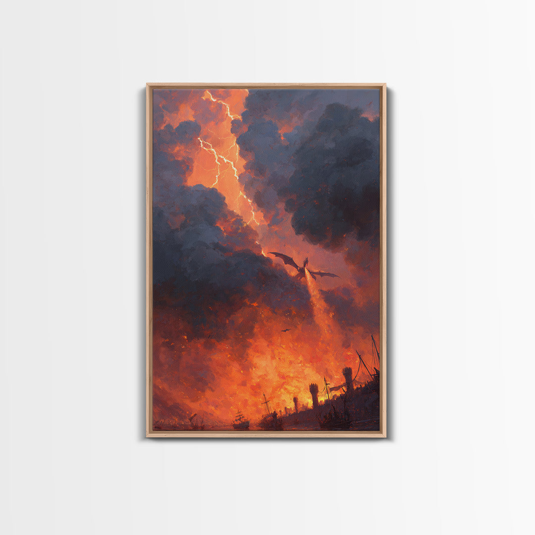 Fire Breathing Dragon Over Burning Battlefield Wall Art Epic Fantasy Canvas Print For Medieval Decor Gothic Game Room Wall Decor