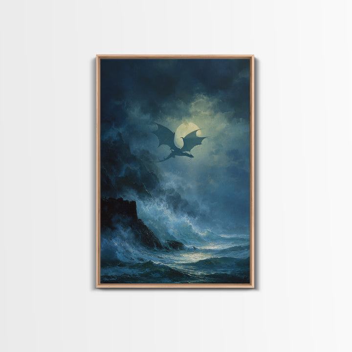 Moonlit Dragon Above Stormy Ocean Wall Art Gothic Seascape Canvas Print For Fantasy Decor Coastal Art And Moody Home Decor Gift For Him