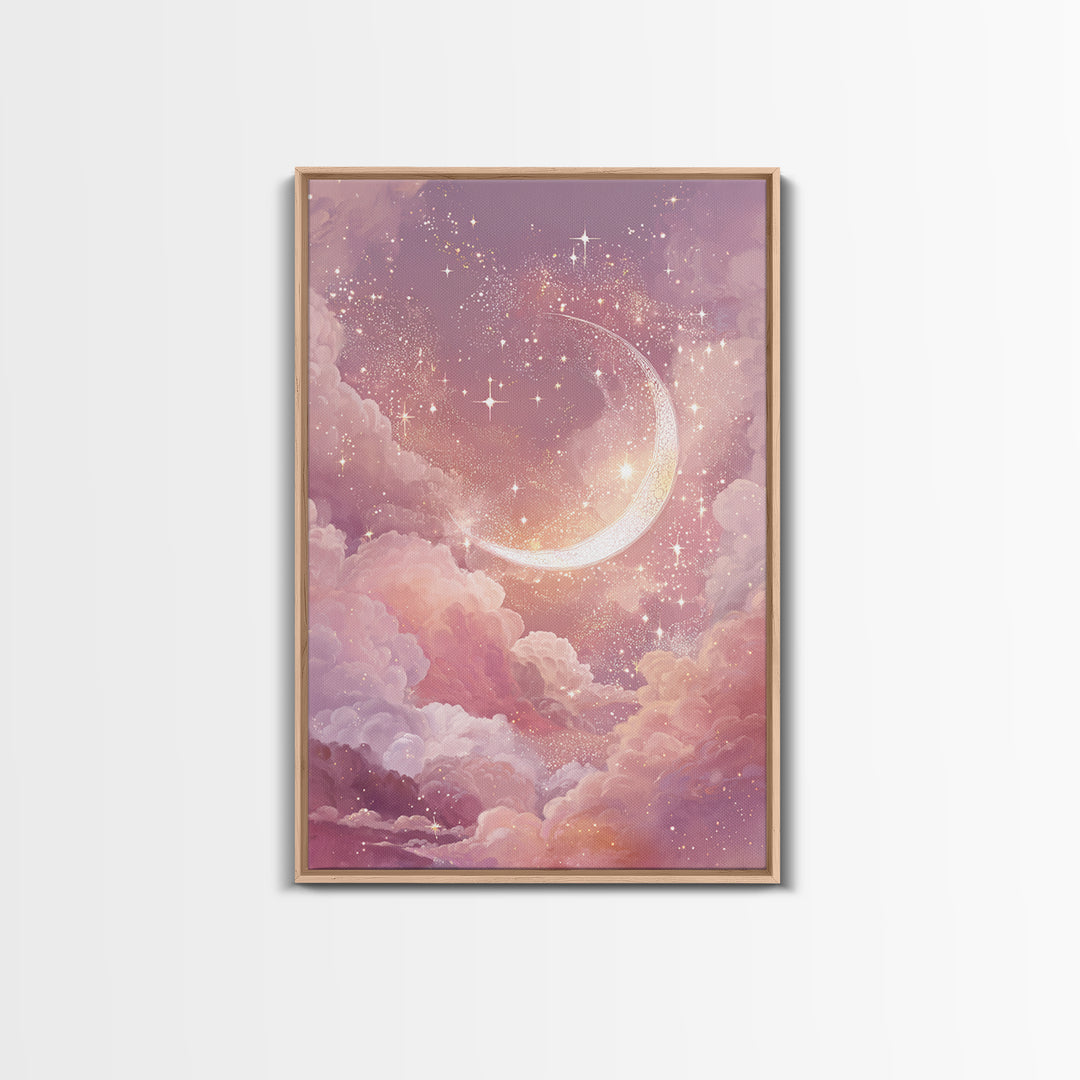 Glowing Crescent Moon Among Pink Clouds Wall Art, Celestial Canvas Print, Dreamy Nursery Decor, Whimsical Bedroom Art, Gift For Her