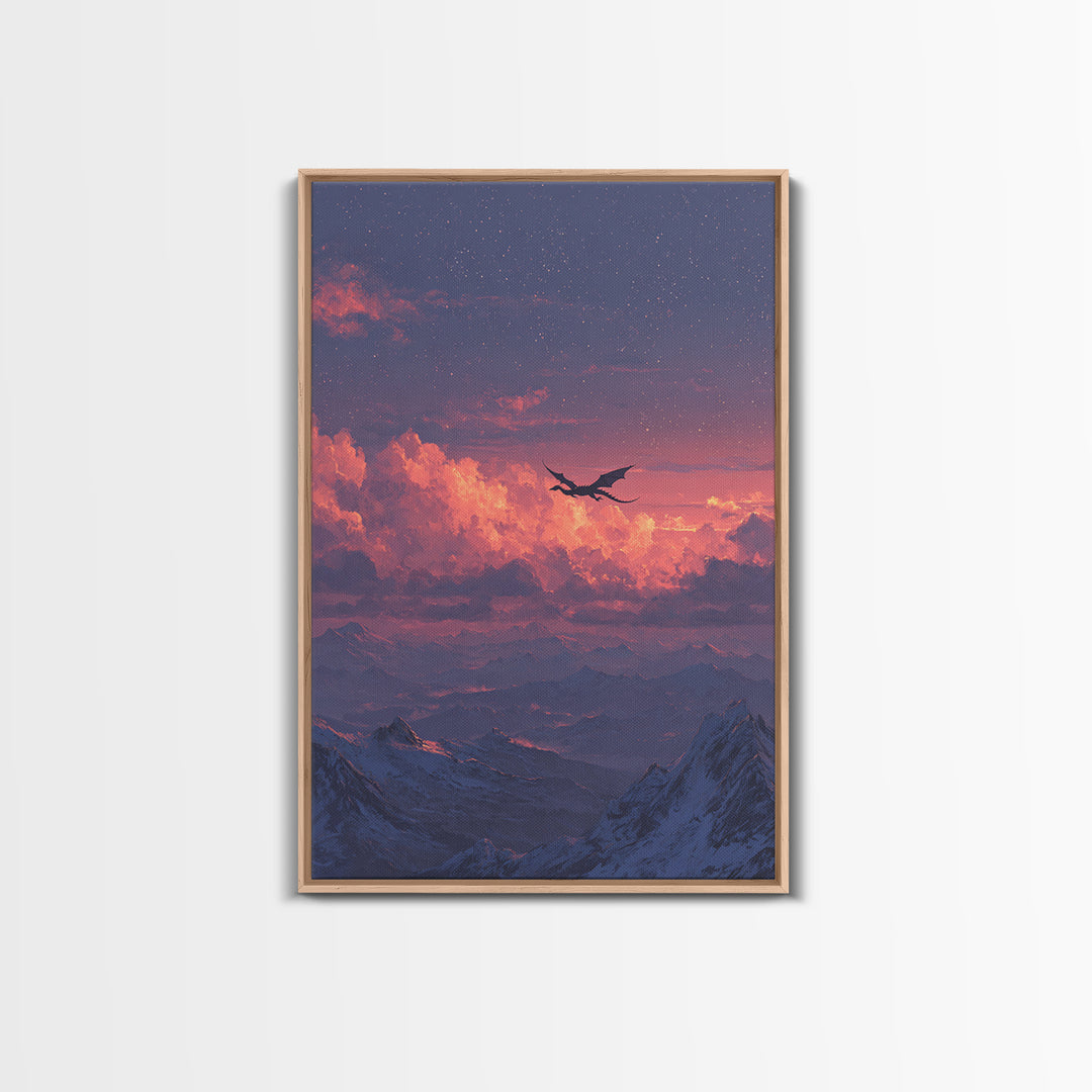 Starry Pink Cloud Dragon Over Snowy Peaks Canvas Print, Fantasy Mountain Wall Art, Dreamy Celestial Bedroom And Nursery Decor