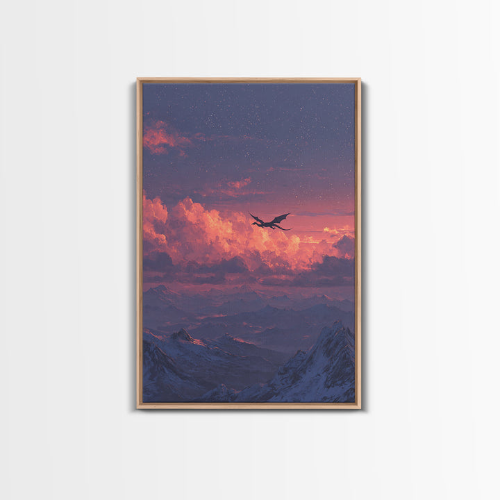Starry Pink Cloud Dragon Over Snowy Peaks Canvas Print, Fantasy Mountain Wall Art, Dreamy Celestial Bedroom And Nursery Decor