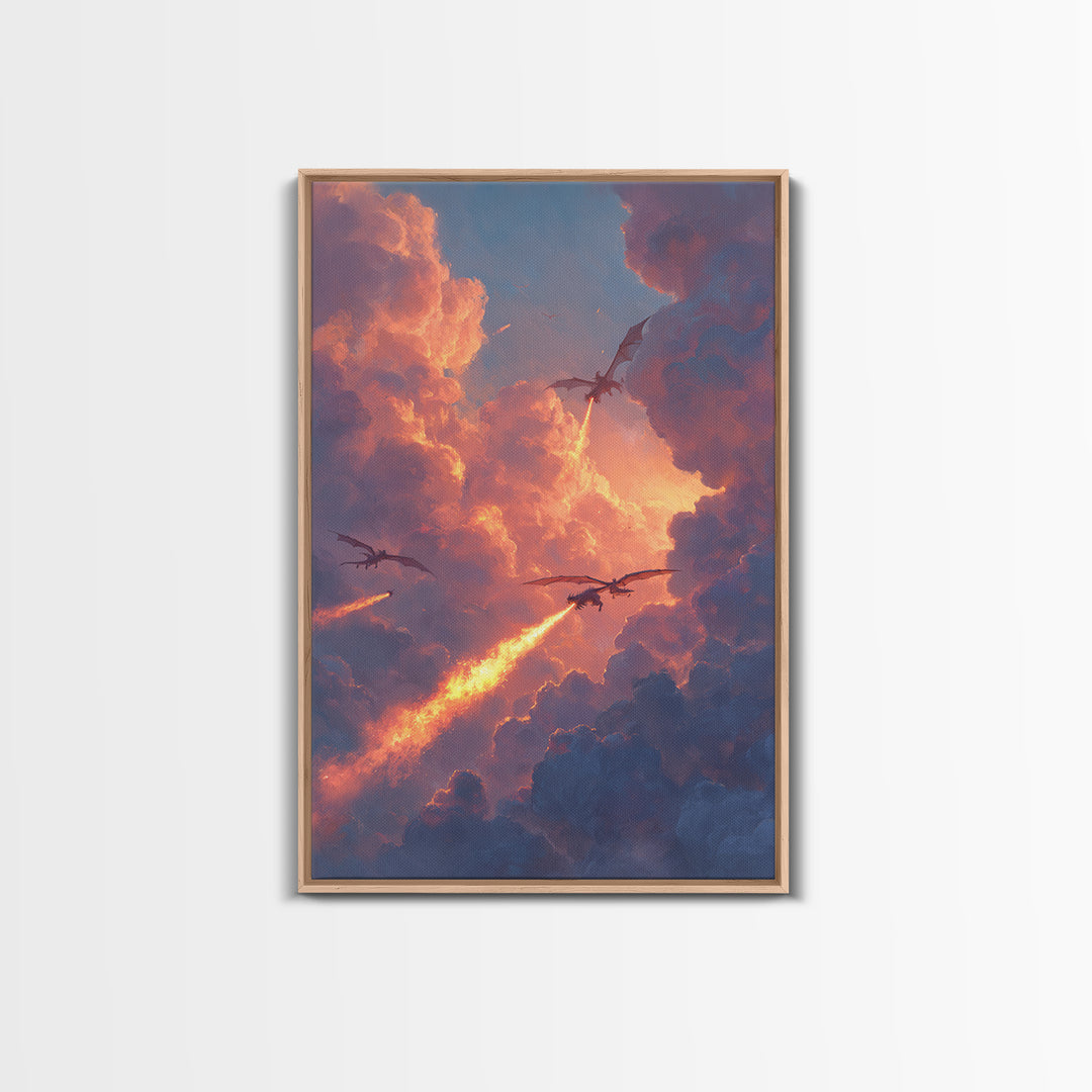 Dragons Breathing Fire Through Sunset Clouds Canvas Print, Fantasy Sky Wall Art, Vibrant Large Statement Living Room Home Decor