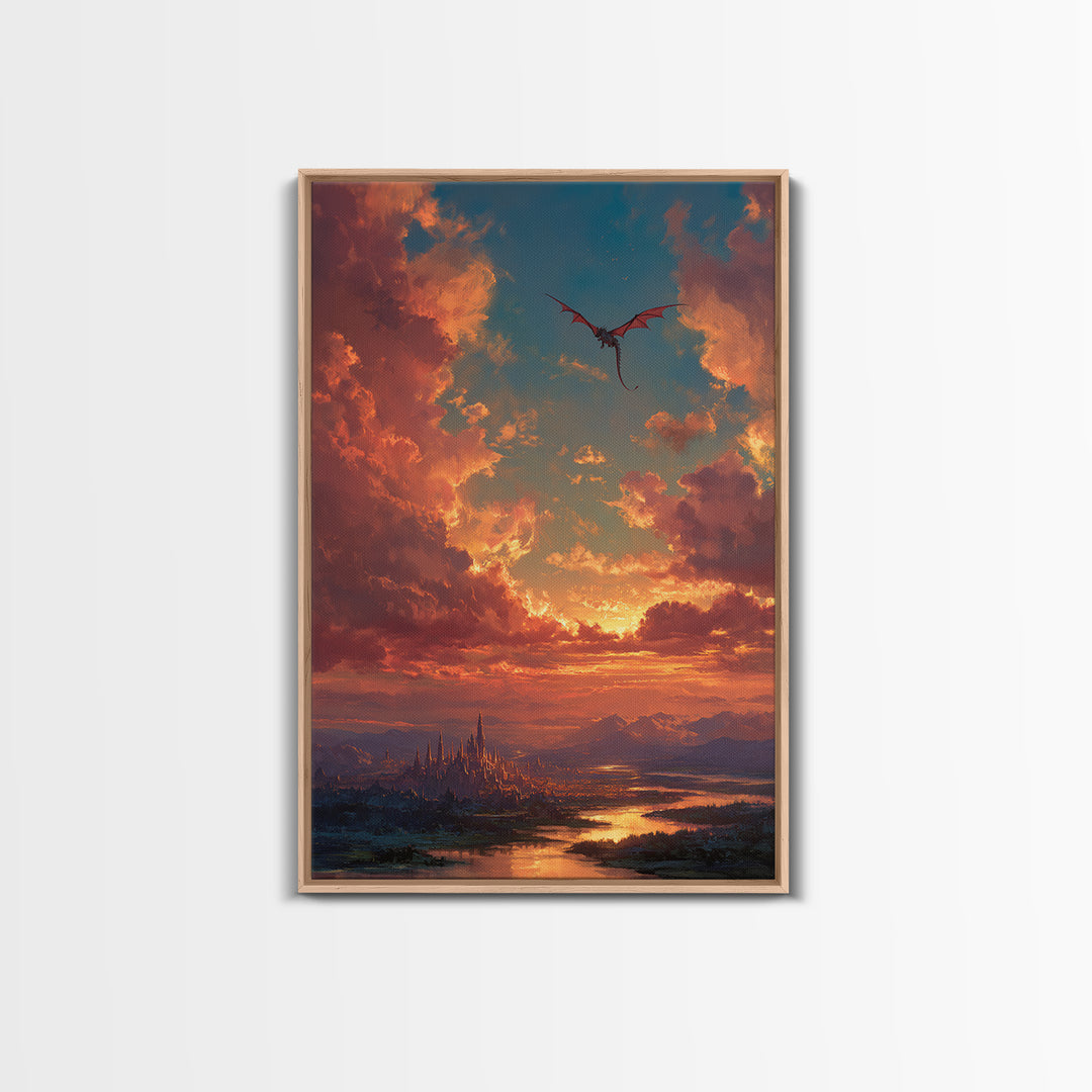 Sunset Dragon Above Spired City Framed Canvas Print, Fantasy Landscape Wall Art, Castle Decor For Living Room, Epic Home Decor