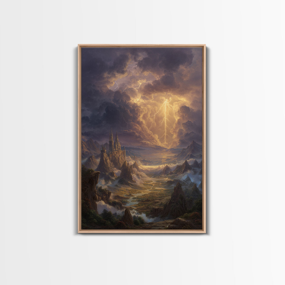 Lightning Storm Over Fantasy Castle Framed Canvas Print, Epic Mountain Landscape Wall Art, Moody Gothic Office Home Decor