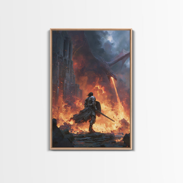 Dragon Battle Knight In Burning Castle Wall Art, Fantasy Warrior Canvas, Dark Medieval Decor, Epic Gothic Gift Print For Him