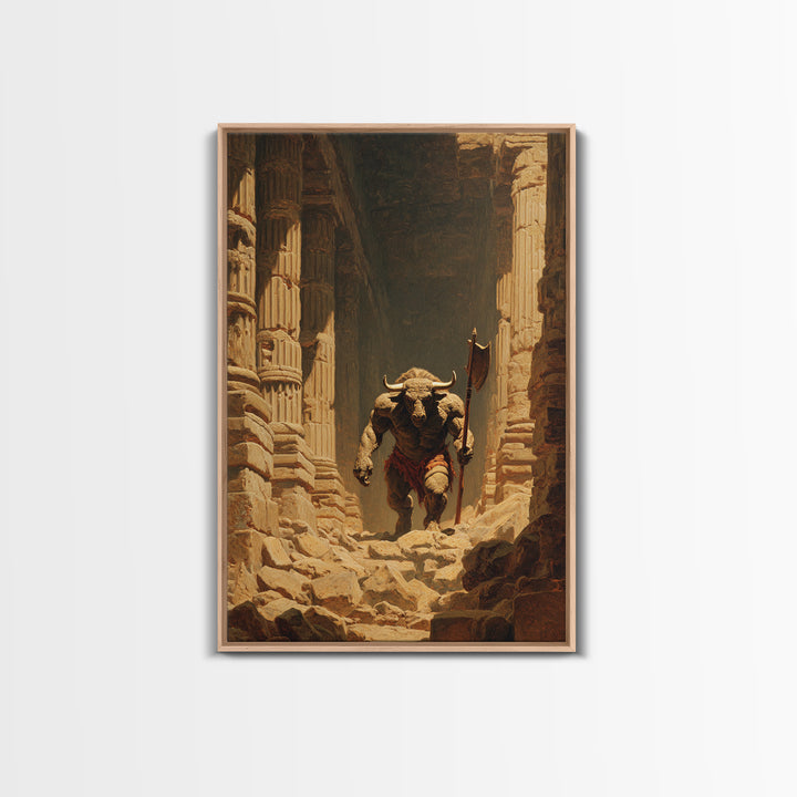 Minotaur In Ancient Ruins Framed Canvas Print, Mythological Art, Dark Fantasy Decor, Greek Myth Wall Decor Gift For Him Home Decor