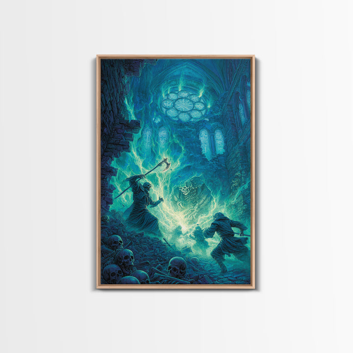 Necromancer In Haunted Cathedral Canvas Print, Dark Fantasy Wall Art, Gothic Magic Decor, Skeleton Horror Gift For Him Print