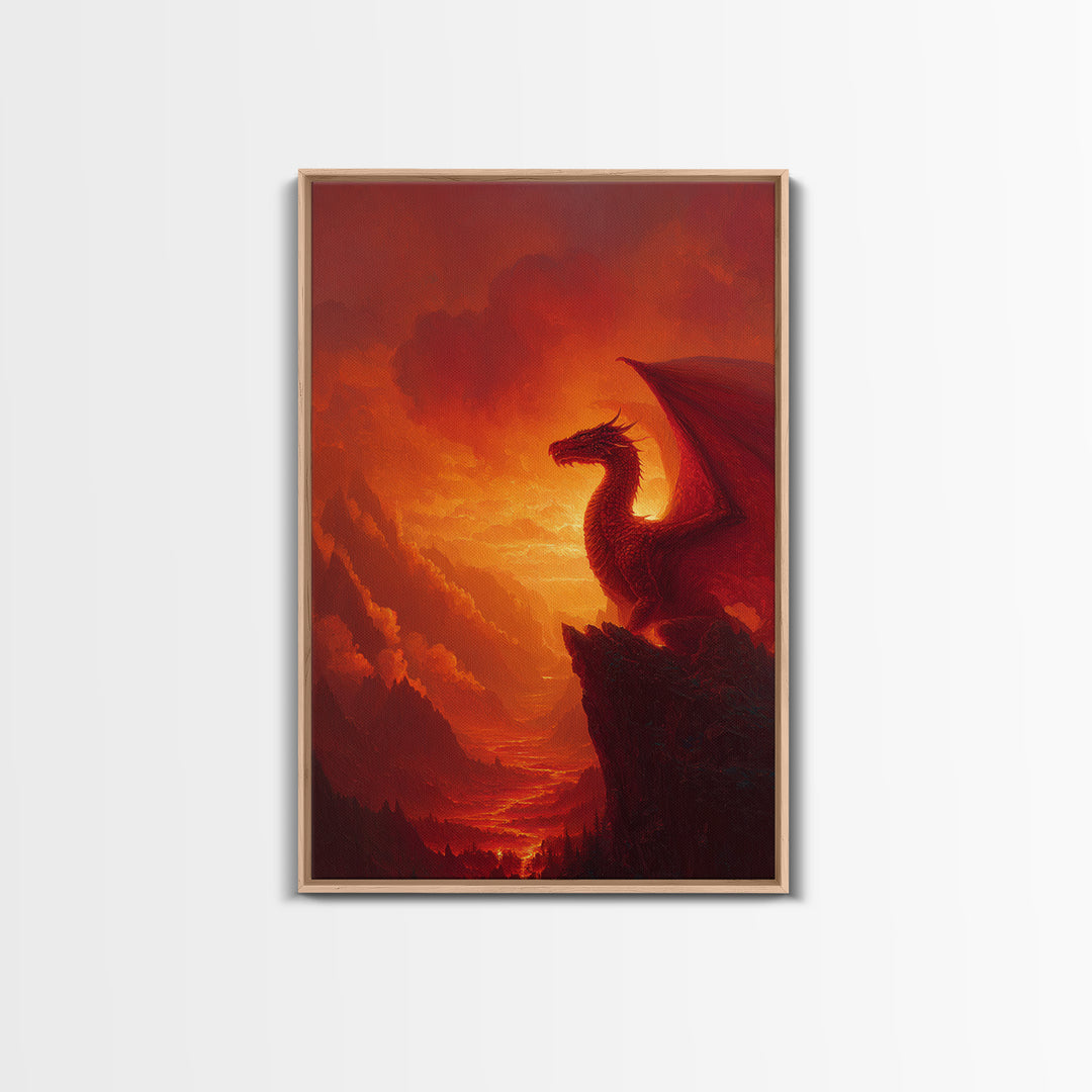 Red Dragon On Mountain Cliff Wall Art, Fantasy Landscape Canvas Print, Sunset Painting, Medieval Castle Decor Gift For Him Home Decor