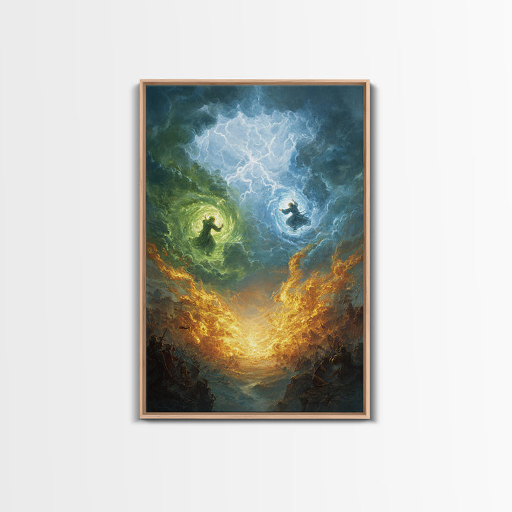 Elemental Wizards In Stormy Sky Wall Art, Fantasy Magic Canvas Print, Lightning Battle, Mystical Decor Gift For Him Home Decor
