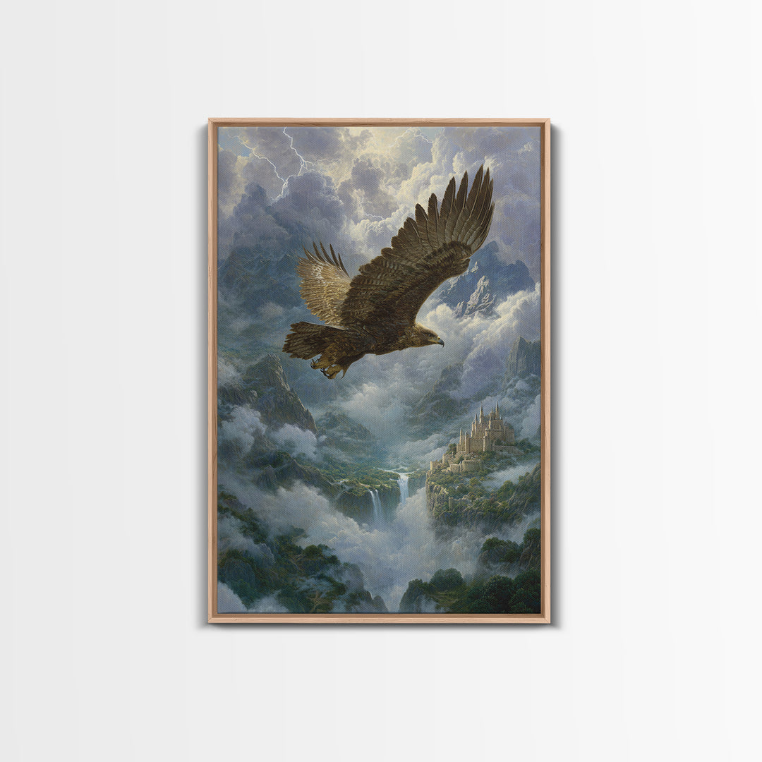 Majestic Eagle Over Misty Mountain Castle Wall Art, Wildlife Landscape Canvas Print, Fantasy Nature Decor Gift For Him Home Decor