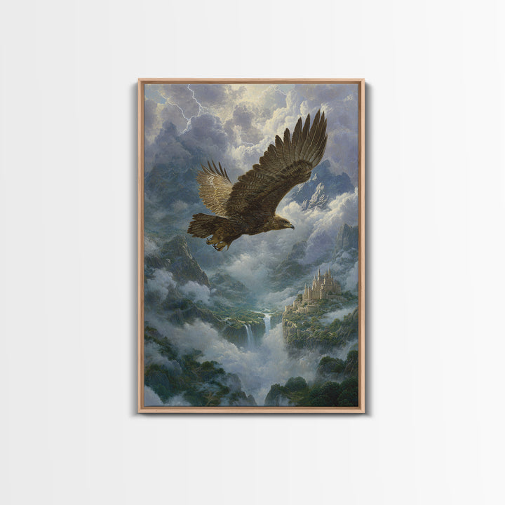 Majestic Eagle Over Misty Mountain Castle Wall Art, Wildlife Landscape Canvas Print, Fantasy Nature Decor Gift For Him Home Decor