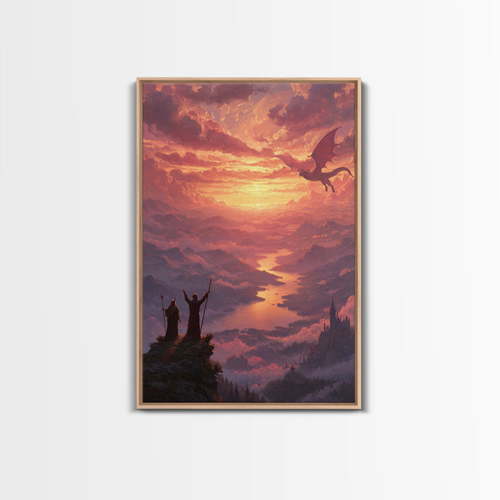 Wizards Watching Dragon Over Sunset Valley Wall Art, Fantasy Landscape Canvas Print, Magical Castle Decor Gift For Him Home Decor
