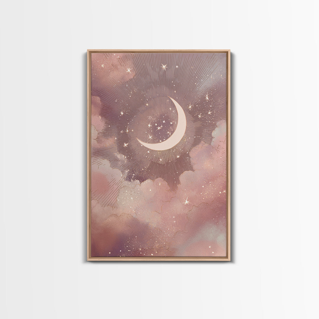 Crescent Moon And Starry Pink Clouds Wall Art, Celestial Canvas Print, Whimsigoth Bedroom Decor, Mystical Nursery Art, Gift For Her