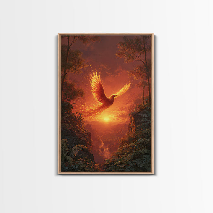 Fiery Phoenix Soaring Over Sunset Canyon Canvas Print, Fantasy Bird Wall Art, Dramatic Orange Home Decor, Mythical Artwork