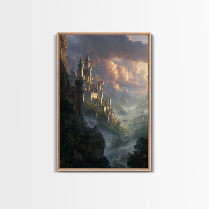 Misty Cliffside Castle Above Enchanted Valley Framed Canvas Print, Fantasy Wall Art, Medieval Landscape Home Decor, Dramatic Cloud Art