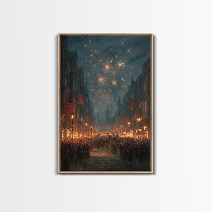 Medieval Festival Street With Fireworks Wall Art, Fantasy City Canvas, Dark Academia Decor, Gothic Town Celebration Print