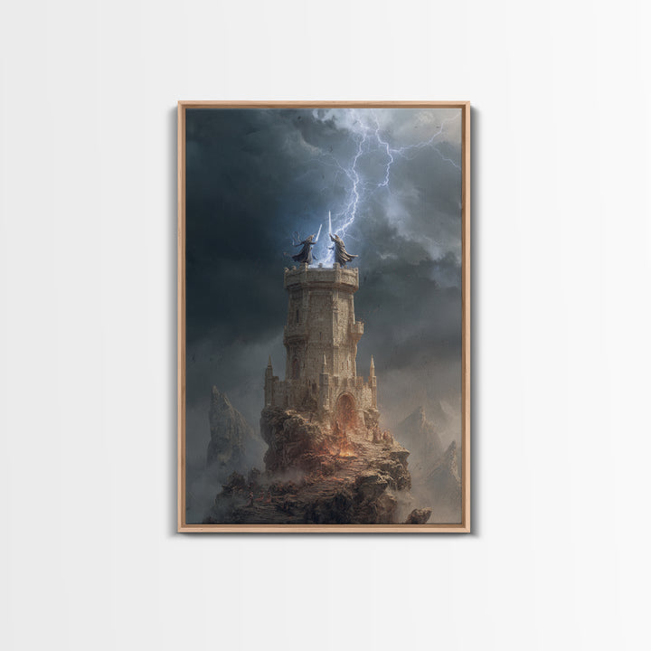 Lightning Strikes Wizard Tower On Stormy Peak Framed Canvas Print, Fantasy Wall Art, Dark Gothic Decor, Magical Castle Art
