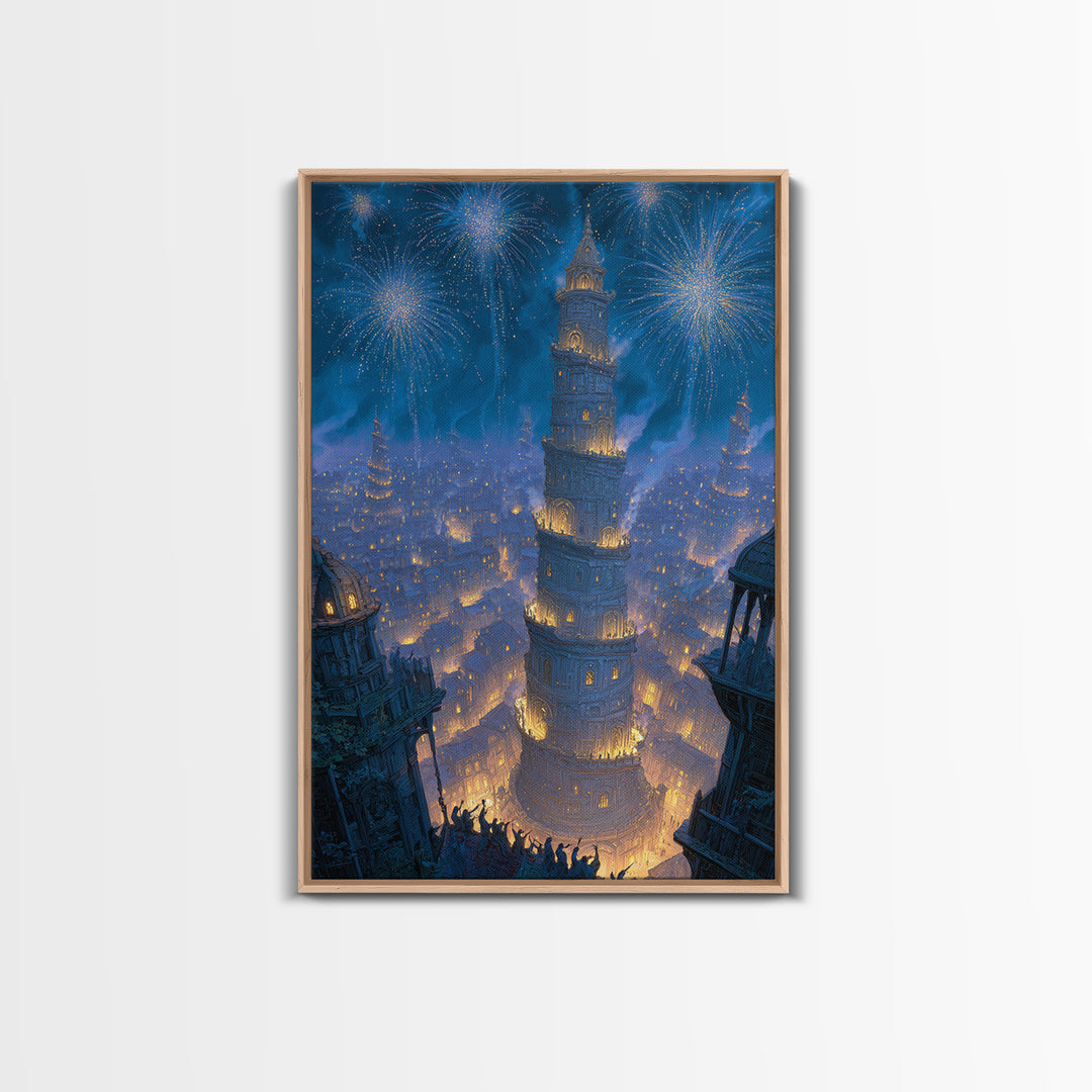 Blue Fireworks Over Magical City Tower Canvas Print, Fantasy Wall Art, Medieval Celebration Decor, Enchanted Skyline Art