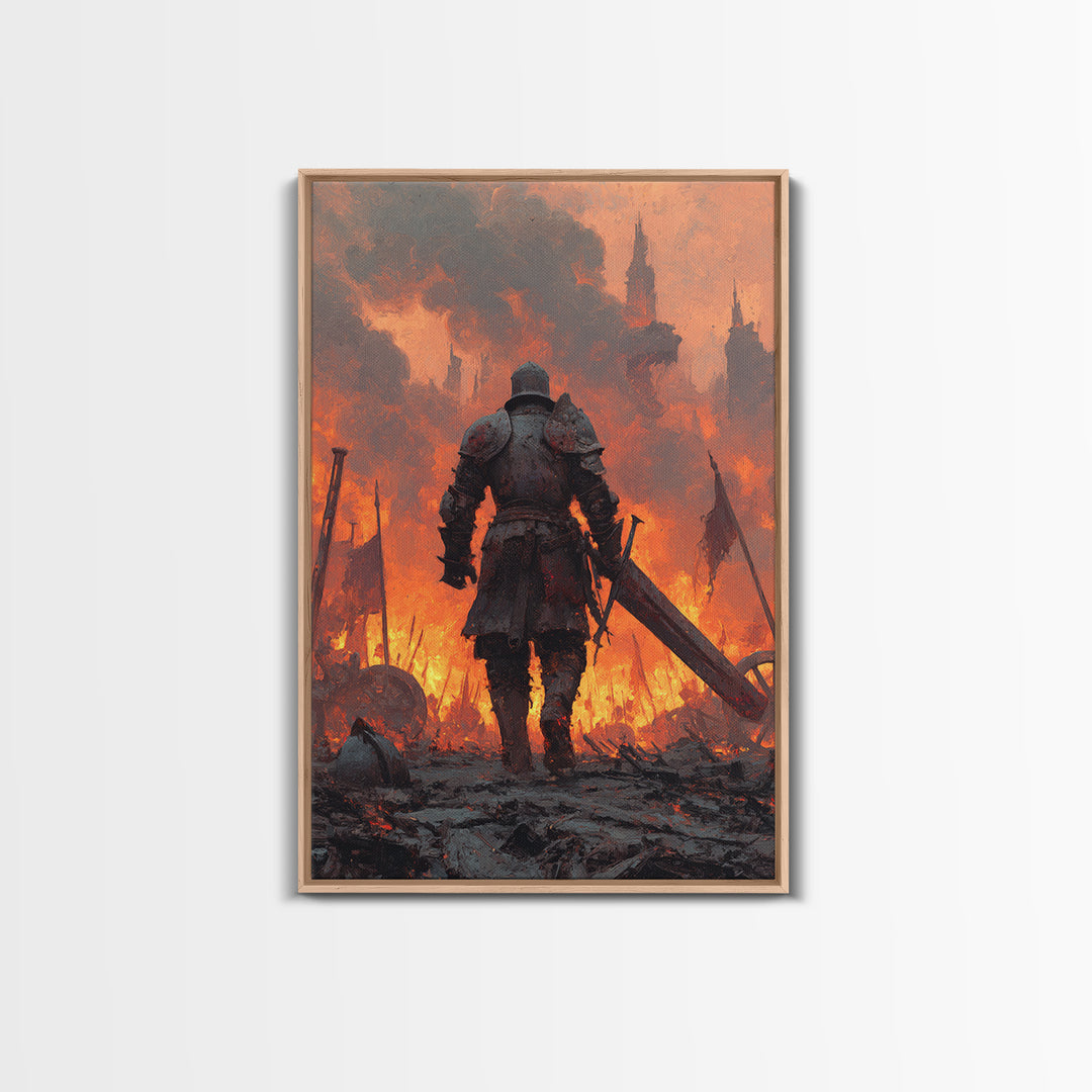 Armored Knight Walking Through Burning Battlefield Wall Art, Dark Fantasy Canvas, Medieval Warrior Decor, Dramatic Fire Art Print