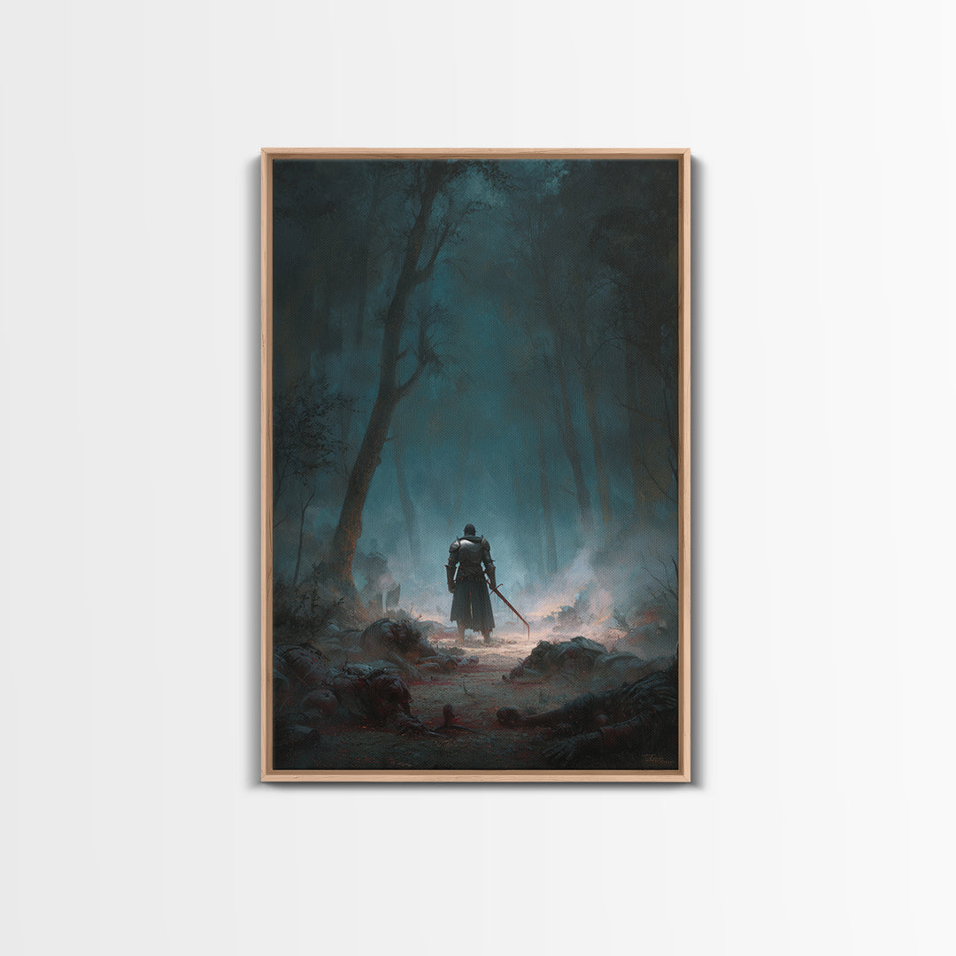 Lone Knight In Misty Haunted Forest Canvas Print, Dark Fantasy Wall Art, Gothic Woodland Decor, Warrior Landscape Artwork