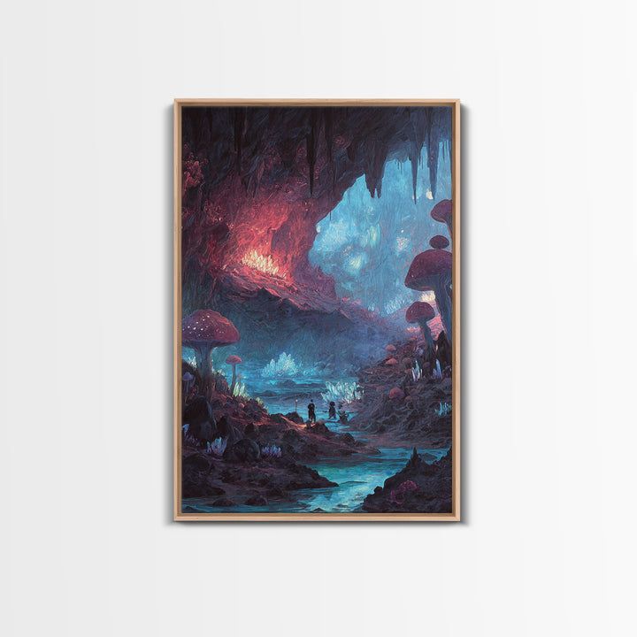 Glowing Mushroom Cave With Crystal River Wall Art, Fantasy Landscape Canvas, Whimsical Fairycore Decor, Magical Forest Print