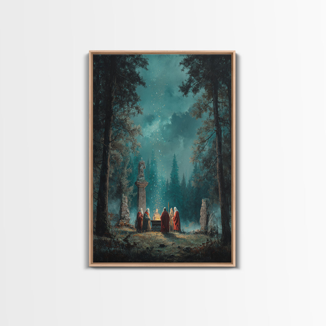 Mystic Forest Ritual Beneath Teal Night Sky Framed Canvas Print, Fantasy Wall Art, Spiritual Decor, Enchanted Woodland Art
