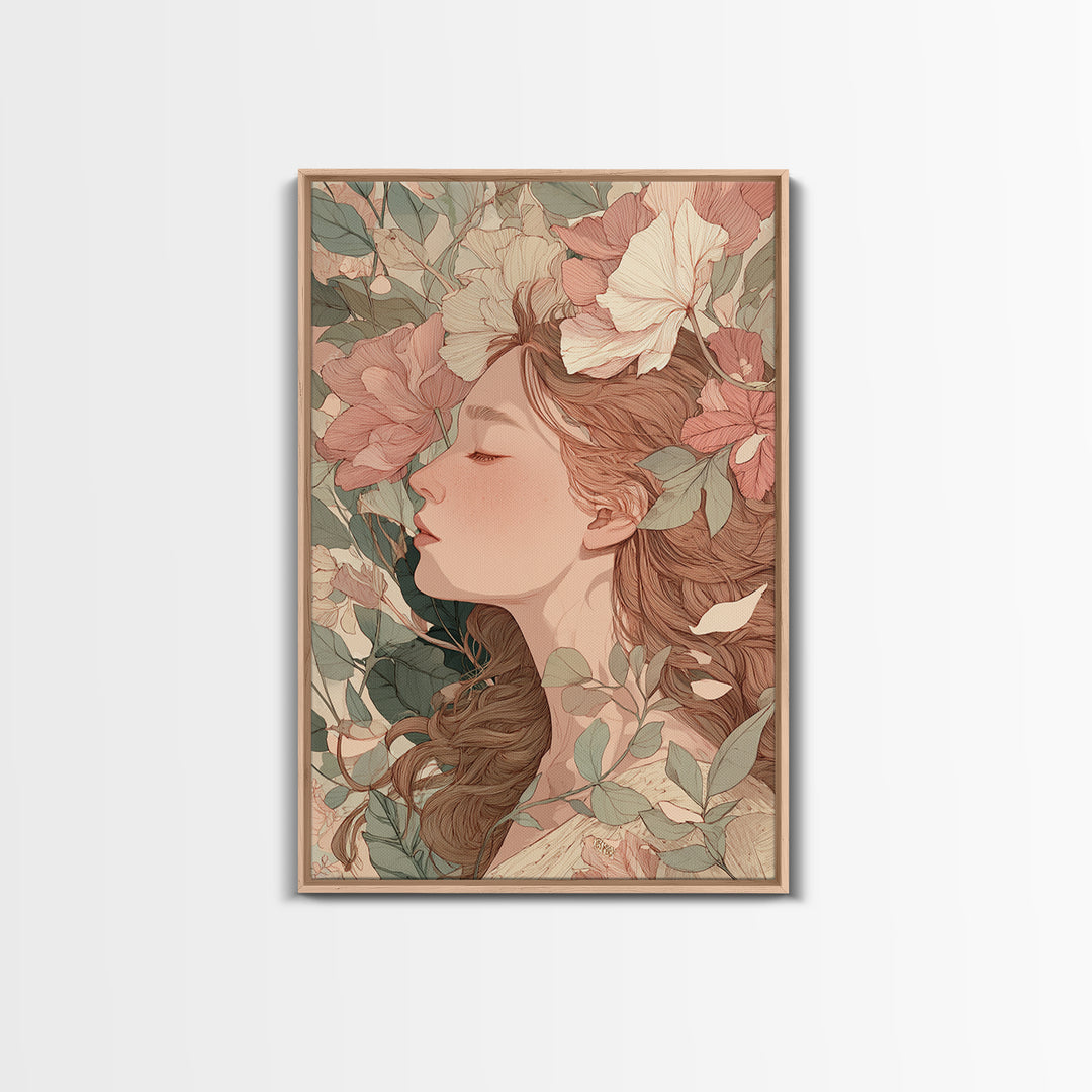 Sleeping Floral Woman Portrait Canvas Print, Art Nouveau Wall Art, Feminine Botanical Decor, Romantic Bedroom Art, Gift For Her