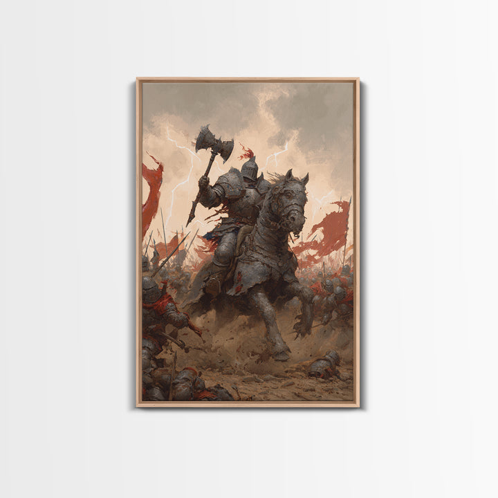 Armored Knight On War Horse With Battle Axe Wall Art, Dark Fantasy Canvas Print, Medieval Warrior Living Room Decor Gift
