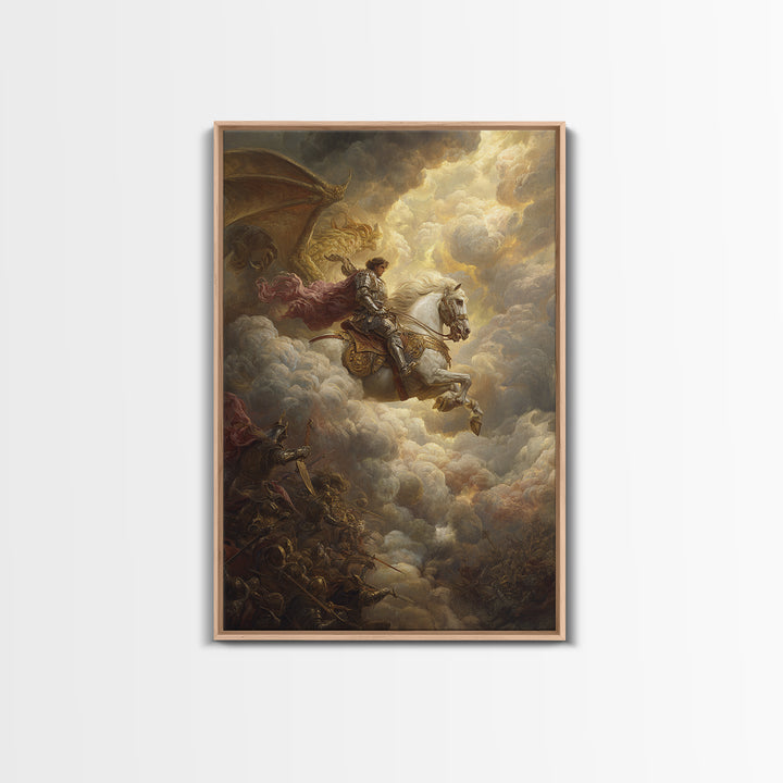 White Horse Knight Battles Golden Dragon In Clouds Framed Canvas Print, Epic Fantasy Wall Art, Medieval Home Decor Gift Idea