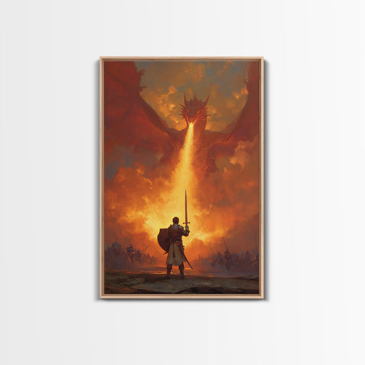 Lone Swordsman Facing Fire Breathing Red Dragon Wall Art, Epic Fantasy Canvas Print, Medieval Battle Living Room Decor Gift