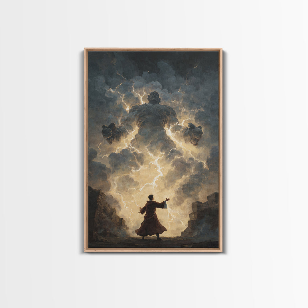 Storm Wizard Summoning Lightning Cloud Giant Wall Art, Dark Fantasy Canvas Print, Mythological Magic Office Decor Gift For Him