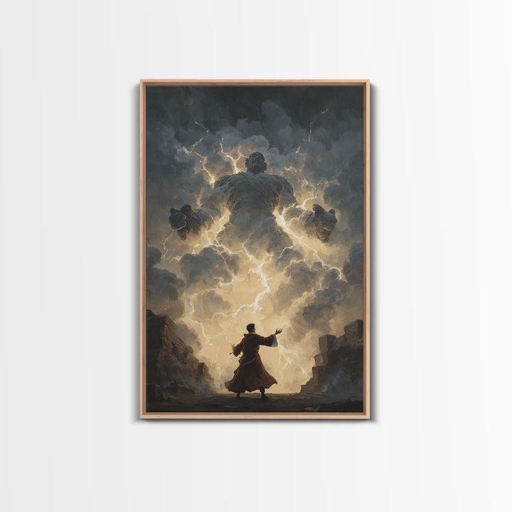 Storm Wizard Summoning Lightning Cloud Giant Wall Art, Dark Fantasy Canvas Print, Mythological Magic Office Decor Gift For Him
