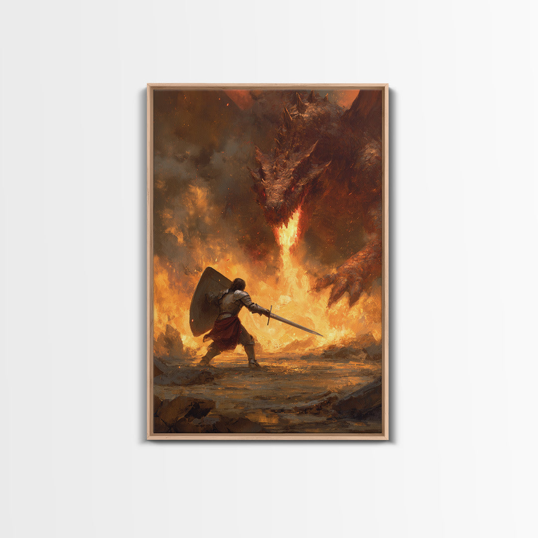 Shield Warrior Defies Fire Breathing Dragon Canvas Print, Epic Fantasy Wall Art, Medieval Sword Battle Home Decor Gift For Him