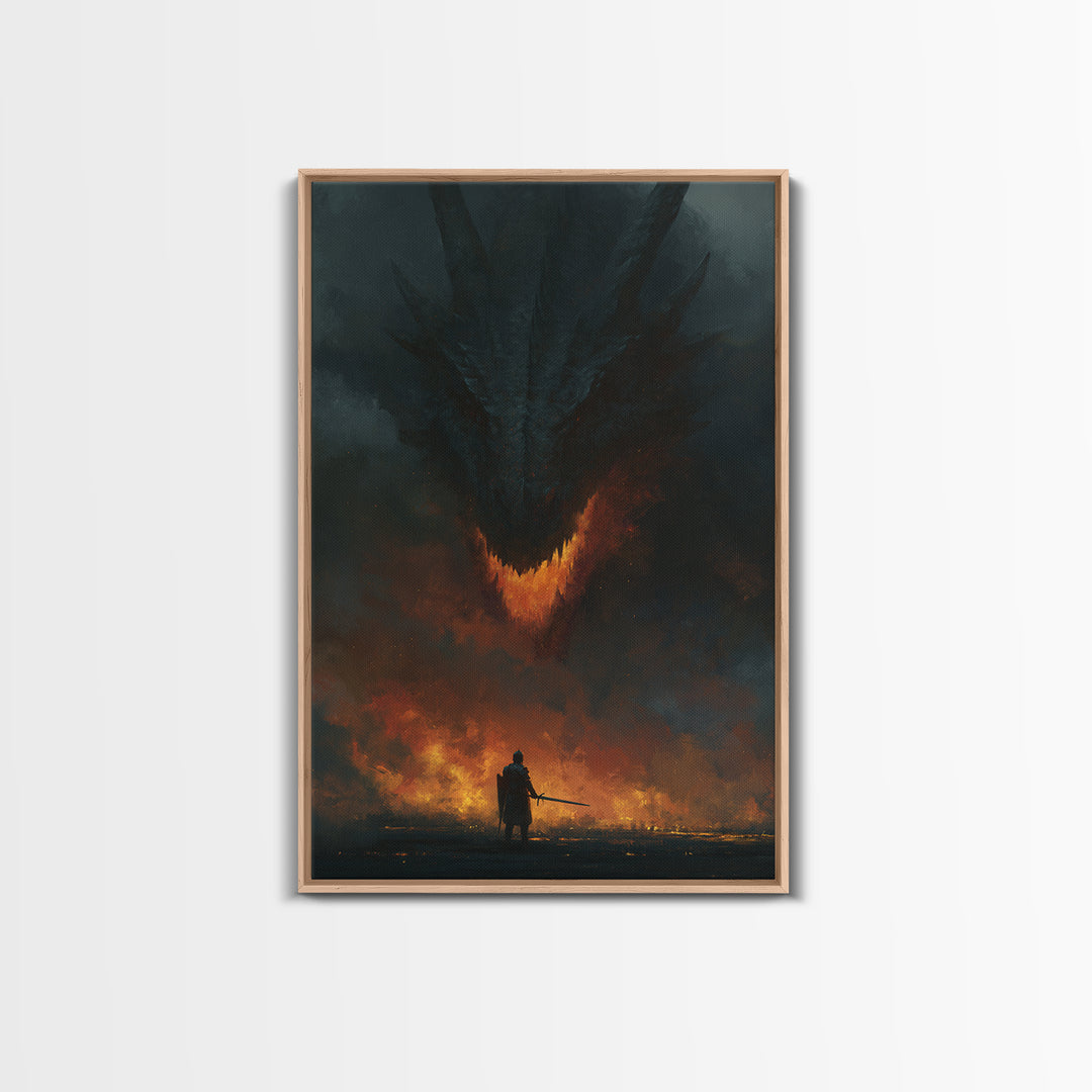 Dark Dragon Looming Over Lone Knight Wall Art, Gothic Fantasy Canvas Print, Apocalyptic Fire Medieval Office Decor Gift For Him