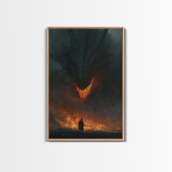 Dark Dragon Looming Over Lone Knight Wall Art, Gothic Fantasy Canvas Print, Apocalyptic Fire Medieval Office Decor Gift For Him