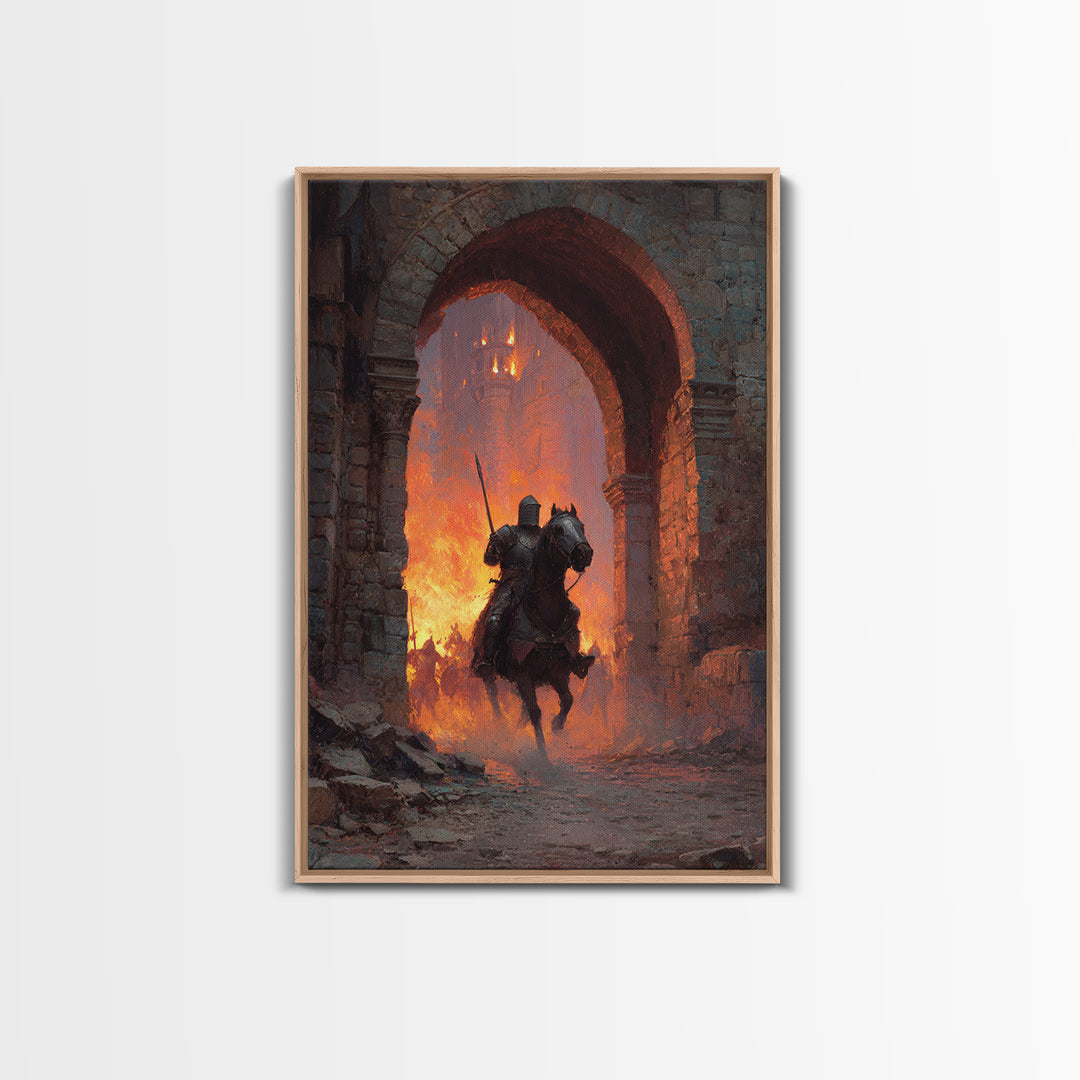 Mounted Knight Riding Through Burning Stone Arch Wall Art, Dark Fantasy Framed Canvas Print, Medieval Castle Home Decor Gift