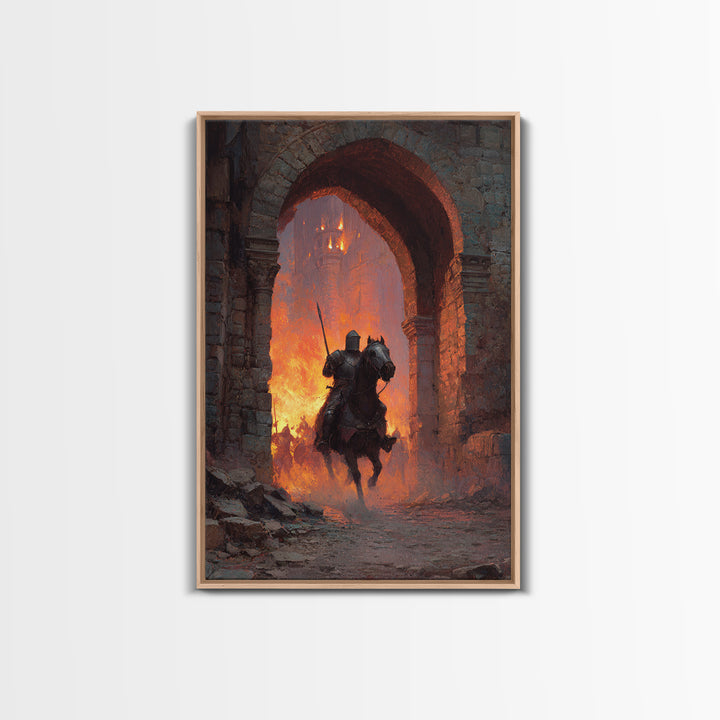 Mounted Knight Riding Through Burning Stone Arch Wall Art, Dark Fantasy Framed Canvas Print, Medieval Castle Home Decor Gift