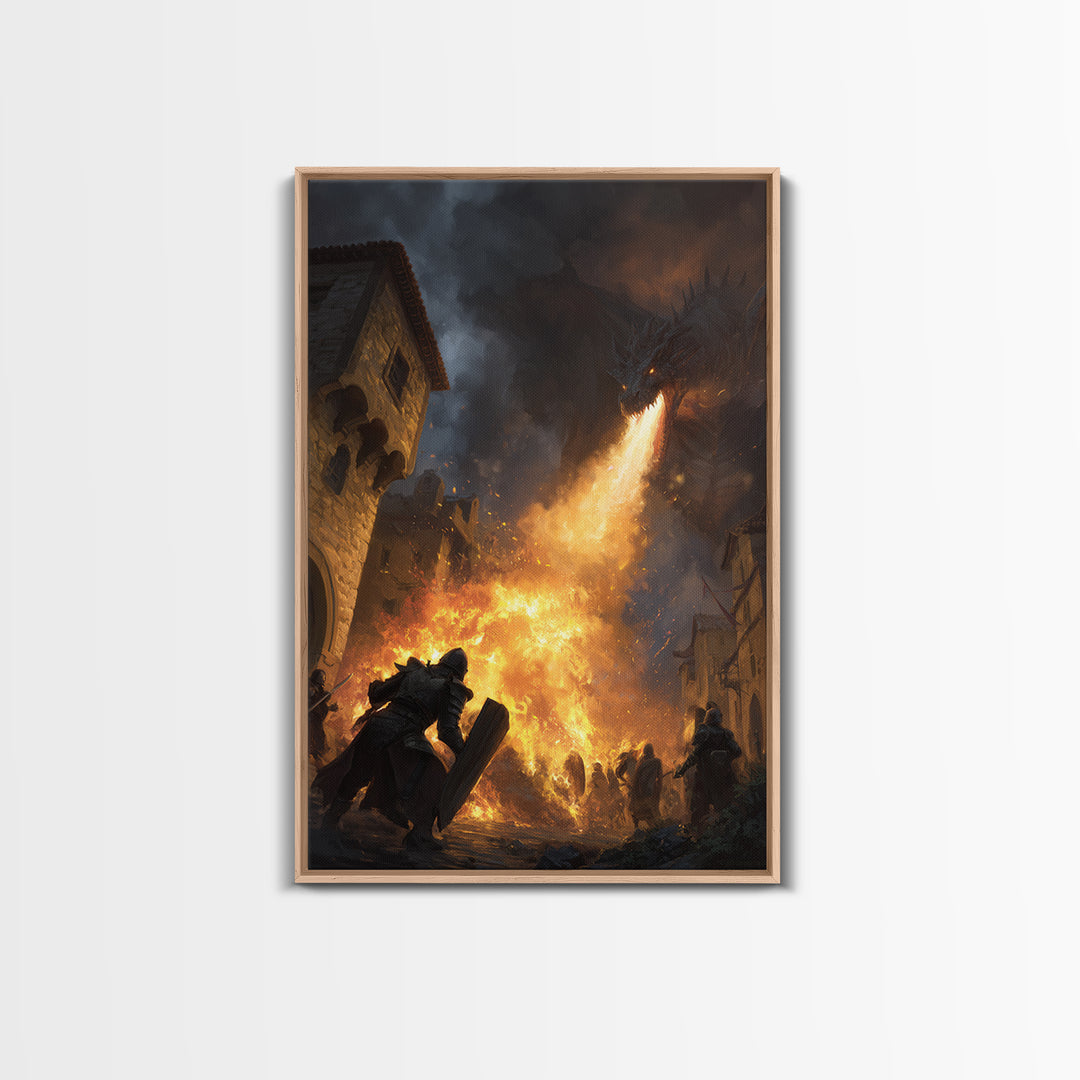 Armored Knight Before Dragon Fire In Medieval Street Wall Art, Dark Fantasy Framed Canvas Print, Castle Battle Living Room Decor