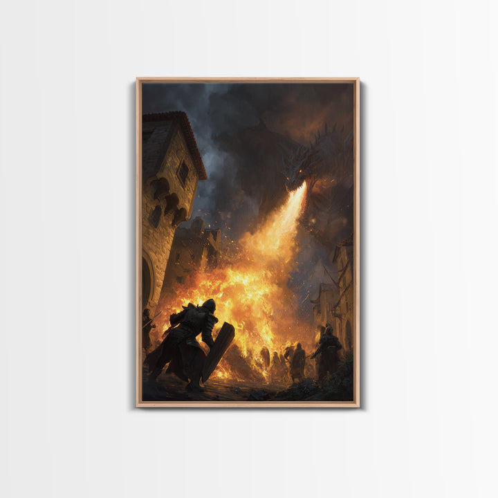 Armored Knight Before Dragon Fire In Medieval Street Wall Art, Dark Fantasy Framed Canvas Print, Castle Battle Living Room Decor