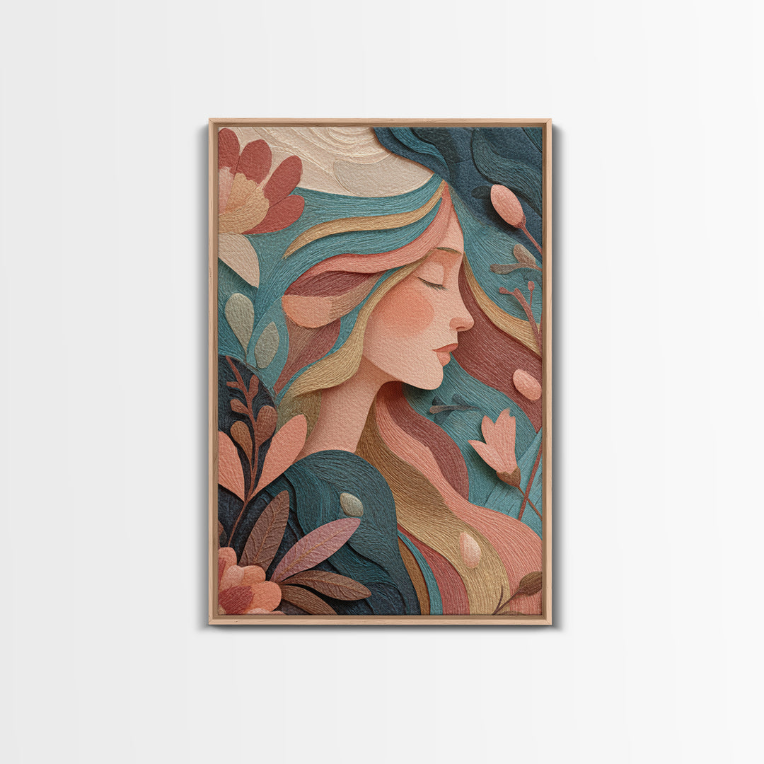 Art Nouveau Floral Woman Portrait Wall Art, Feminine Boho Canvas, Teal Peach Bedroom Decor, Elegant Gift For Her, Modern Home Decor