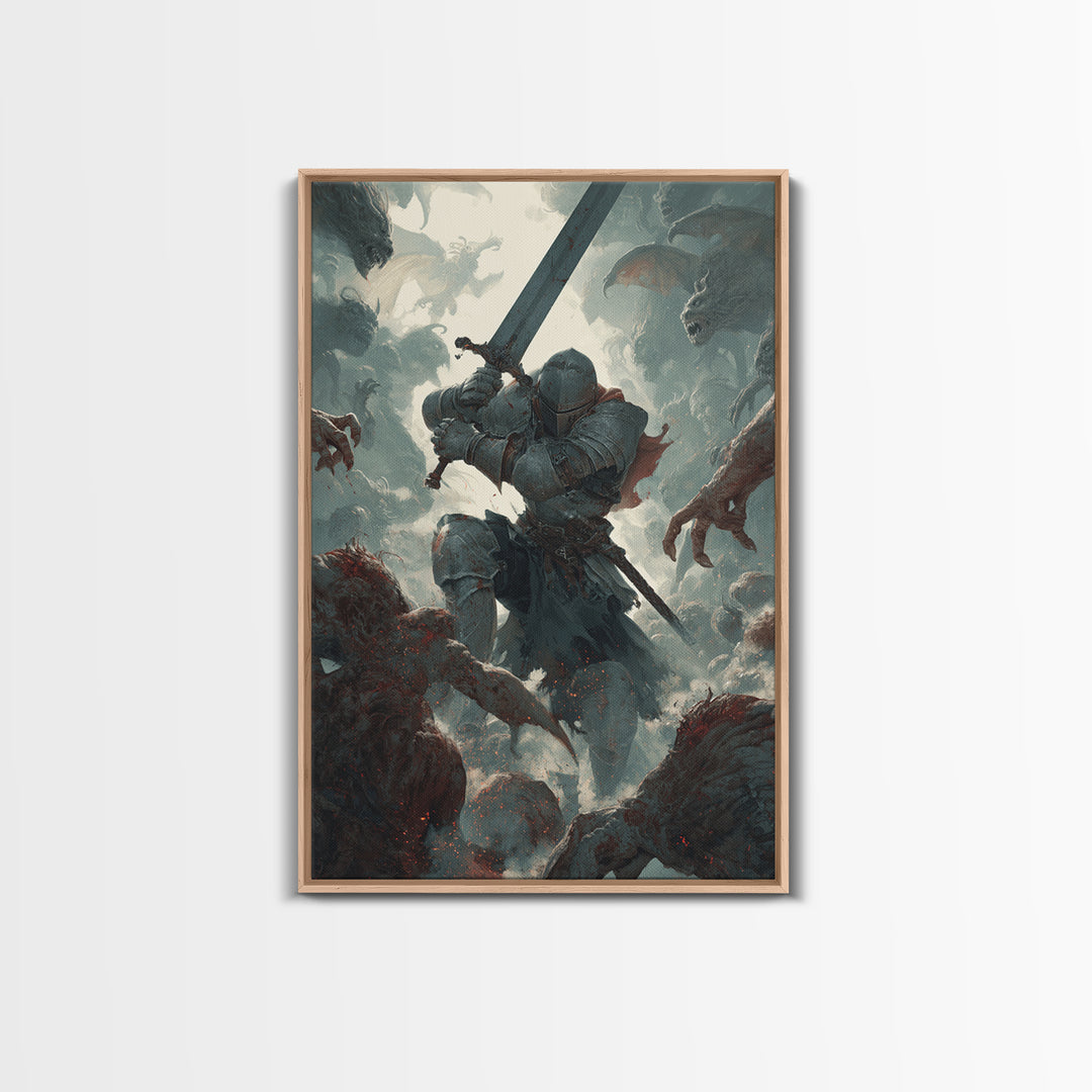 Armored Knight Battling Monsters Wall Art, Dark Fantasy Canvas Wall Decor, Gothic Warrior Artwork, Medieval Game Room Decor