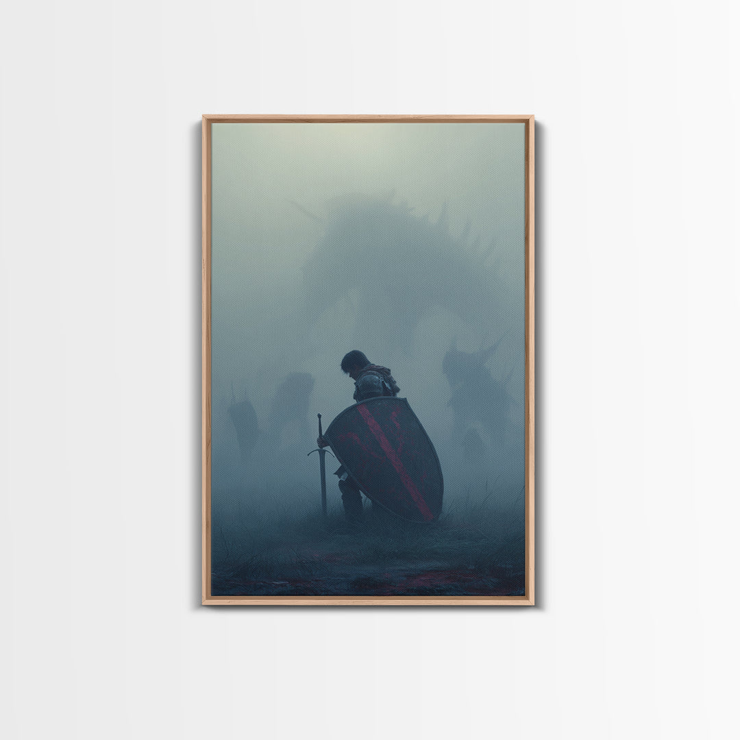 Kneeling Knight In Mist Wall Art, Dark Fantasy Dragon Print, Medieval Warrior Decor, Moody Gothic Living Room Artwork Gift