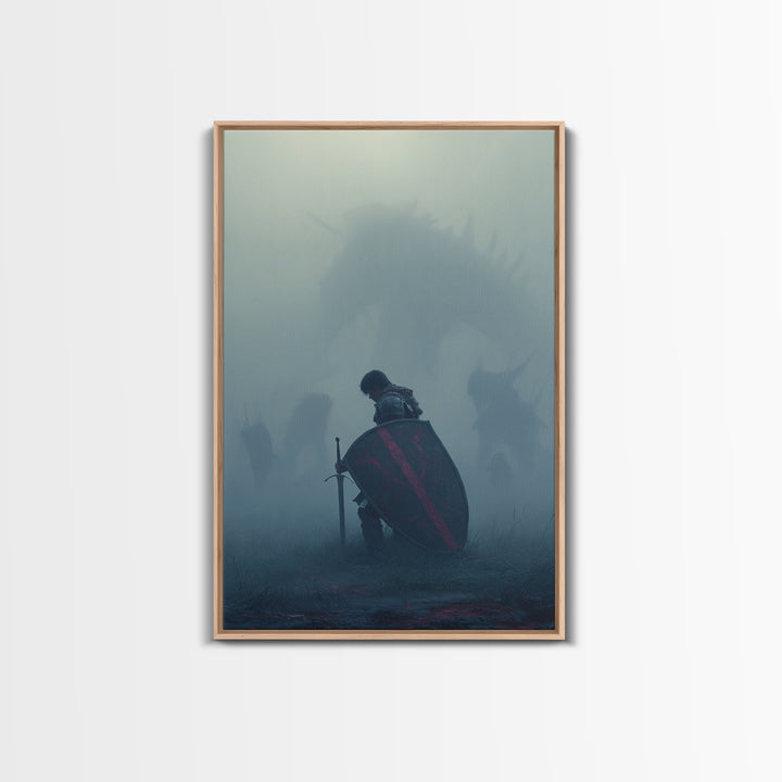 Kneeling Knight In Mist Wall Art, Dark Fantasy Dragon Print, Medieval Warrior Decor, Moody Gothic Living Room Artwork Gift