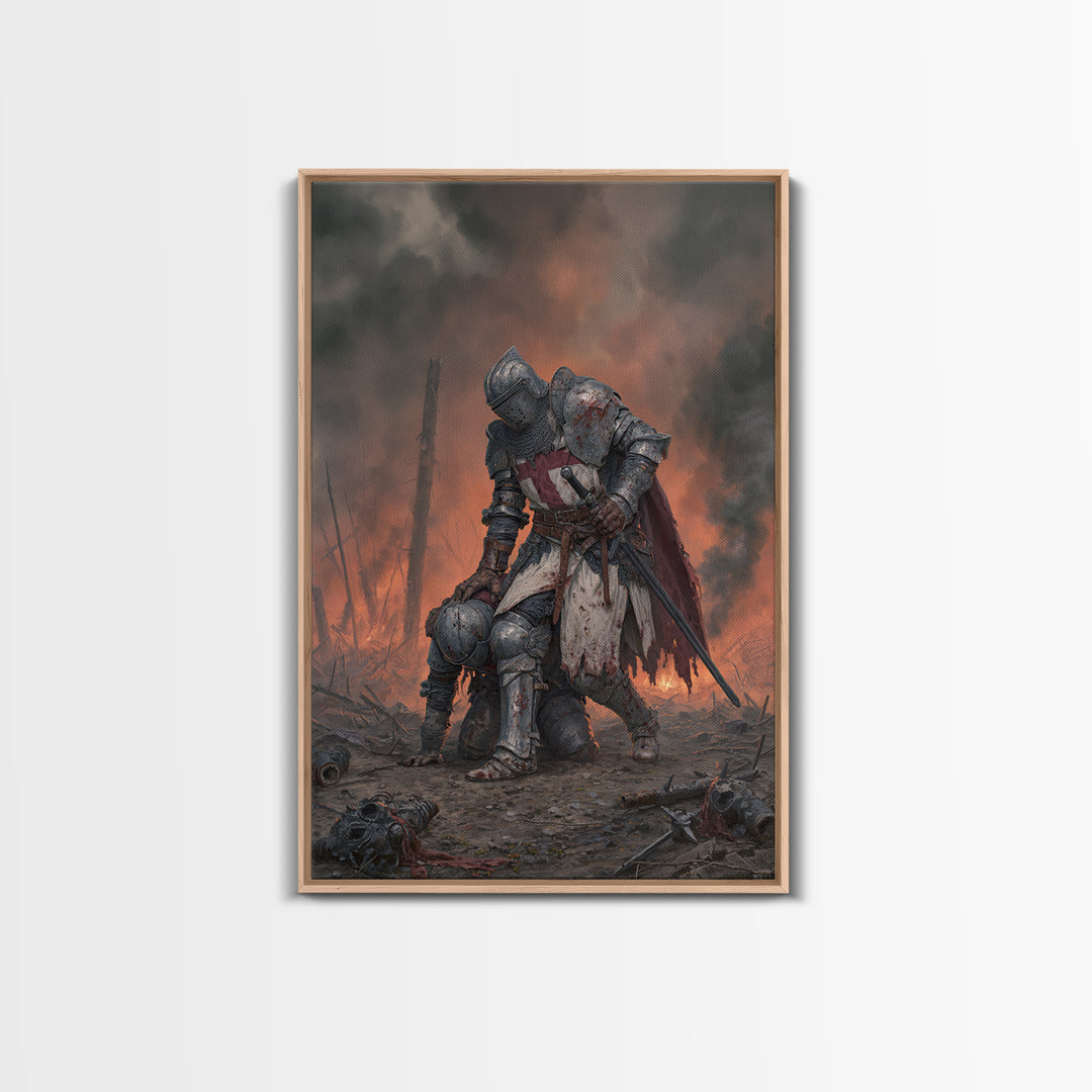 Wounded Knight In Burning Battlefield Wall Art, Dark Fantasy Medieval Canvas Decor, Gothic Warrior Print, Moody Office Artwork