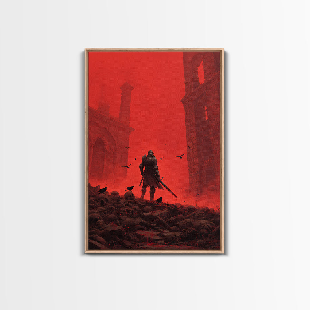 Knight In Crimson Ruins Wall Art, Dark Fantasy Red Gothic Print, Medieval Warrior Decor, Crows And Skulls, Bold Wall Decor