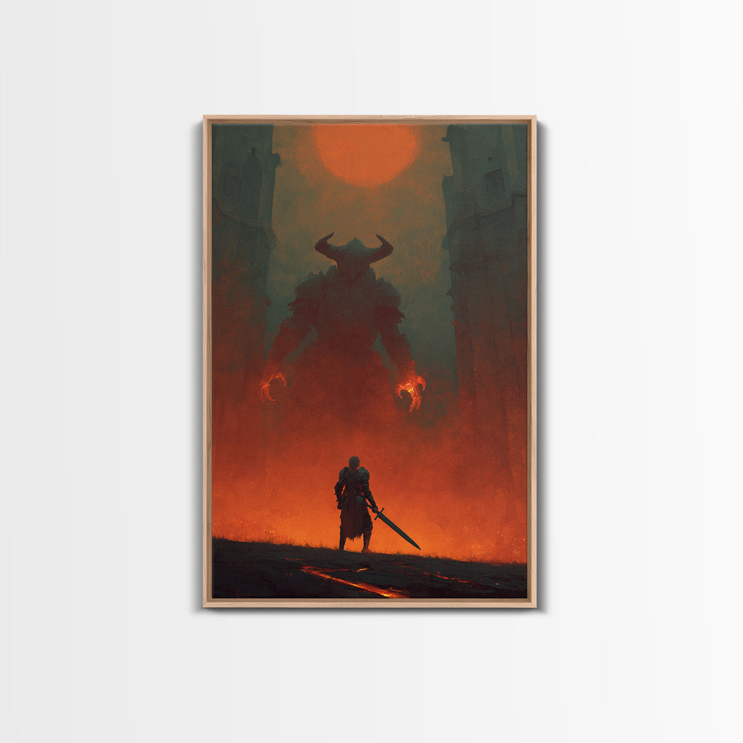 Knight Facing Horned Demon Canvas Print, Dark Fantasy Red Moon Wall Decor, Gothic Monster Art, Epic Game Room Artwork Gift