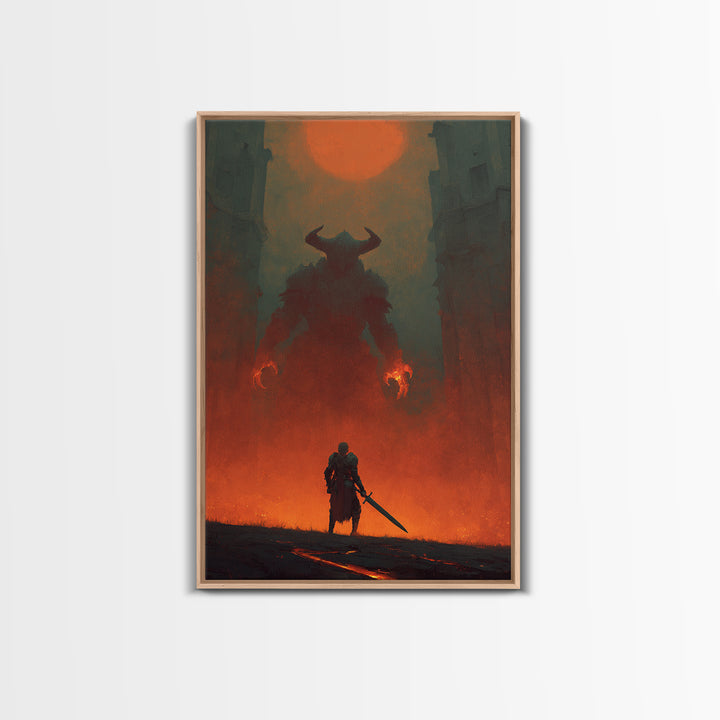 Knight Facing Horned Demon Canvas Print, Dark Fantasy Red Moon Wall Decor, Gothic Monster Art, Epic Game Room Artwork Gift
