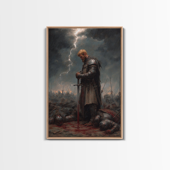 Blond Knight Praying In Storm Wall Art, Dark Fantasy Medieval Battle Print, Gothic Warrior Decor, Moody Masculine Office Art