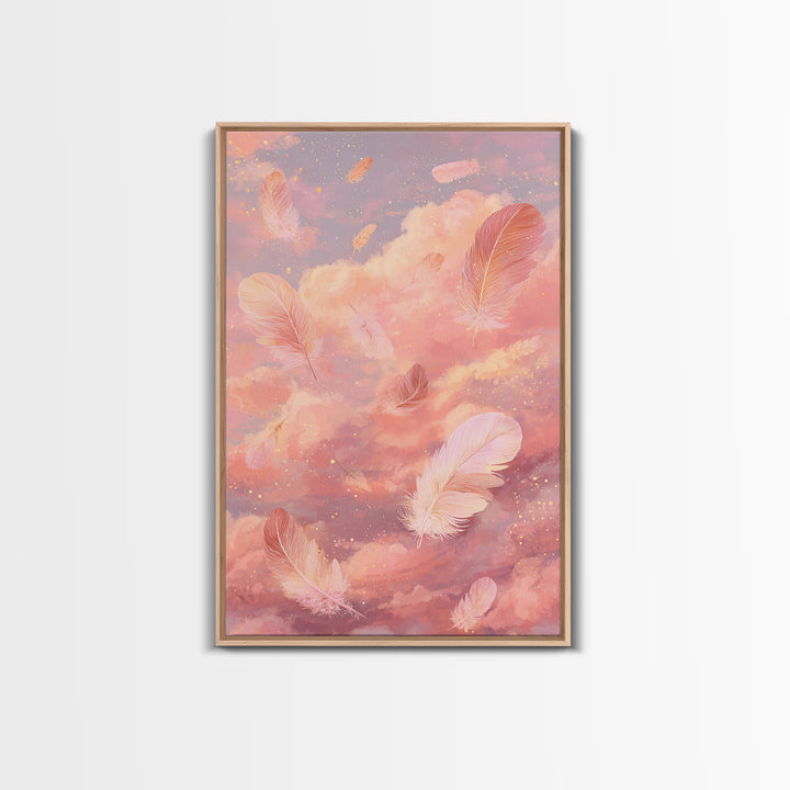 Pink Feather Cloud Canvas Print, Dreamy Celestial Sky Art, Pastel Nursery Decor, Whimsical Bedroom Wall Decor Gift For Her